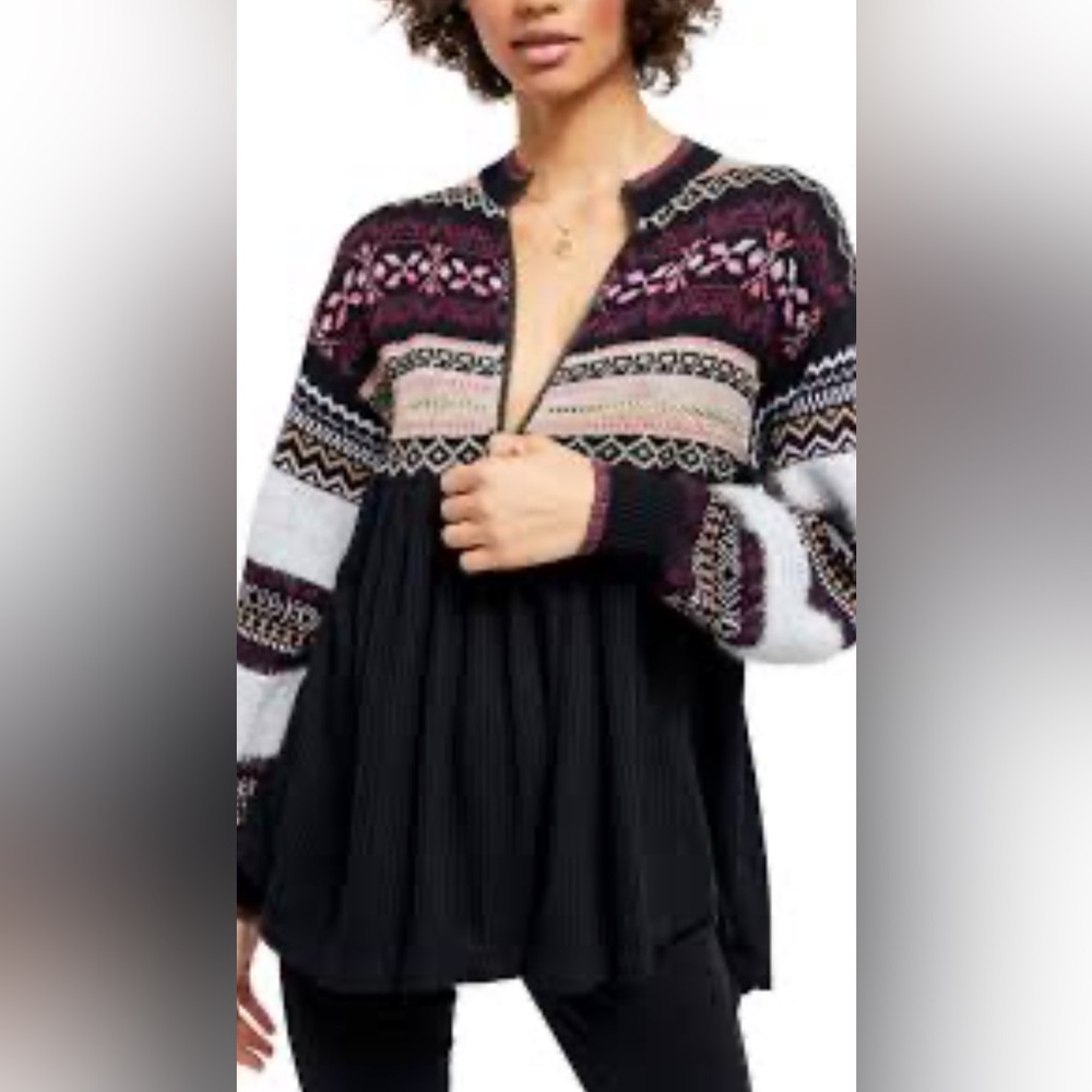 Free People Black and Burgundy Patterned Sweater